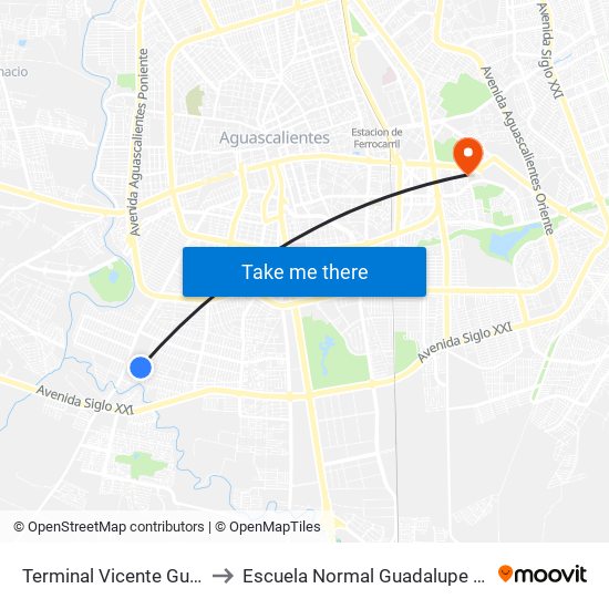 Terminal Vicente Guerrero to Escuela Normal Guadalupe Victoria map