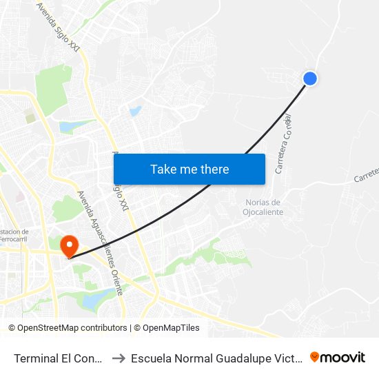 Terminal El Conejal to Escuela Normal Guadalupe Victoria map