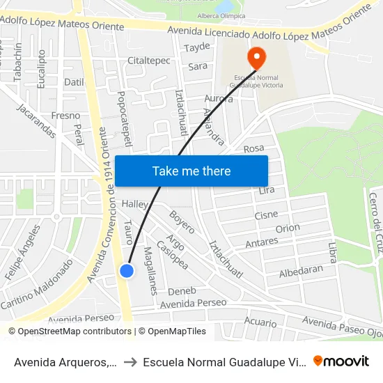 Avenida Arqueros, 202 to Escuela Normal Guadalupe Victoria map