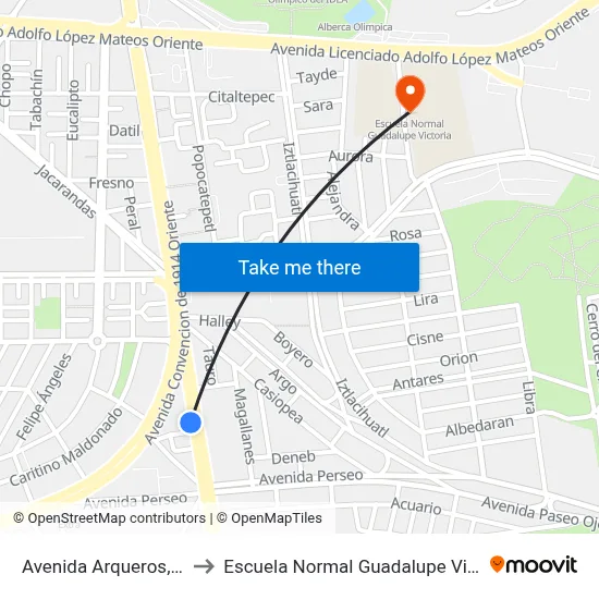 Avenida Arqueros, 202 to Escuela Normal Guadalupe Victoria map