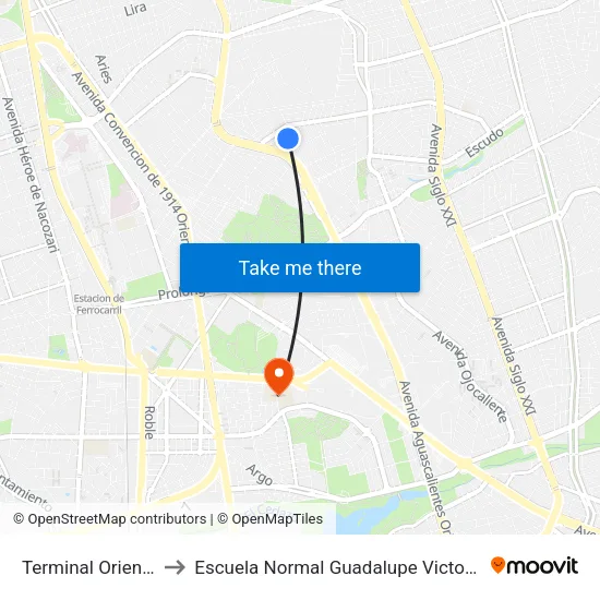 Terminal Oriente to Escuela Normal Guadalupe Victoria map