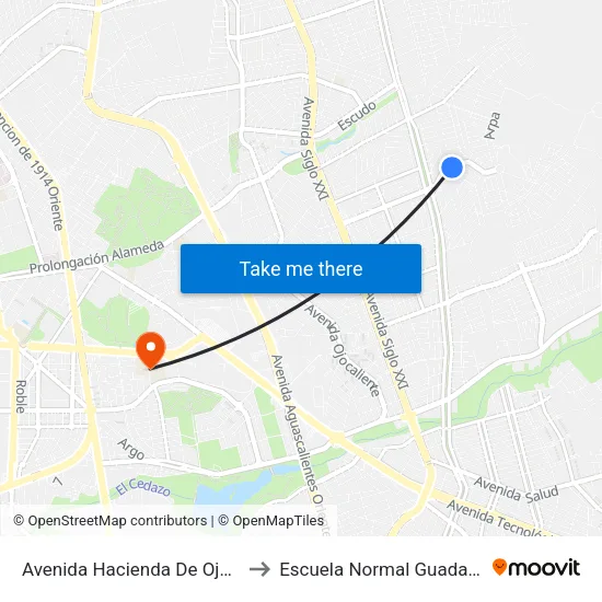 Avenida Hacienda De Ojocaliente, 403 to Escuela Normal Guadalupe Victoria map