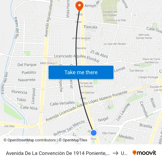 Avenida De La Convención De 1914 Poniente, 1132 to Unid map