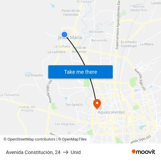 Avenida Constitución, 24 to Unid map