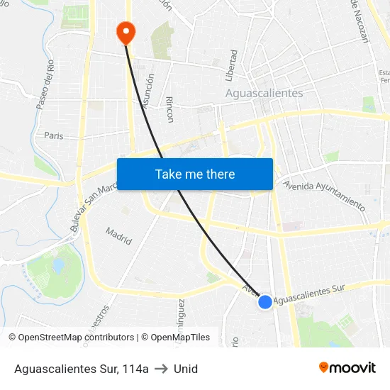 Aguascalientes Sur, 114a to Unid map