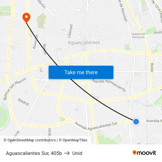 Aguascalientes Sur, 405b to Unid map
