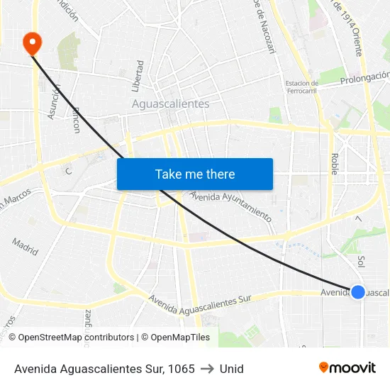 Avenida Aguascalientes Sur, 1065 to Unid map