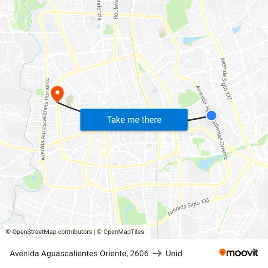 Avenida Aguascalientes Oriente, 2606 to Unid map