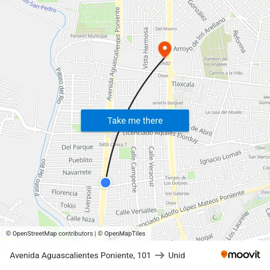Avenida Aguascalientes Poniente, 101 to Unid map