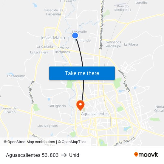 Aguascalientes 53, 803 to Unid map