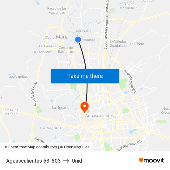 Aguascalientes 53, 803 to Unid map