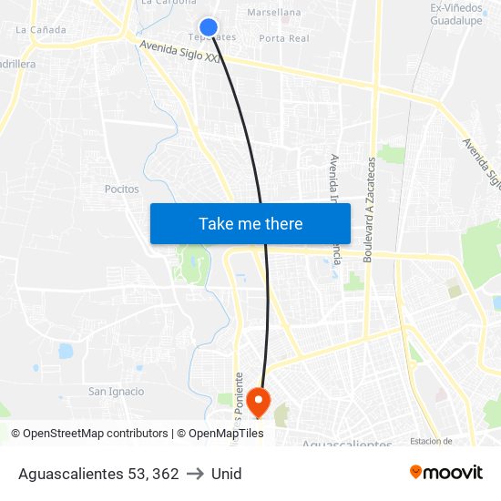 Aguascalientes 53, 362 to Unid map