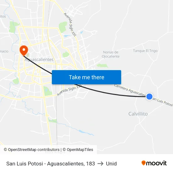 San Luis Potosi - Aguascalientes, 183 to Unid map