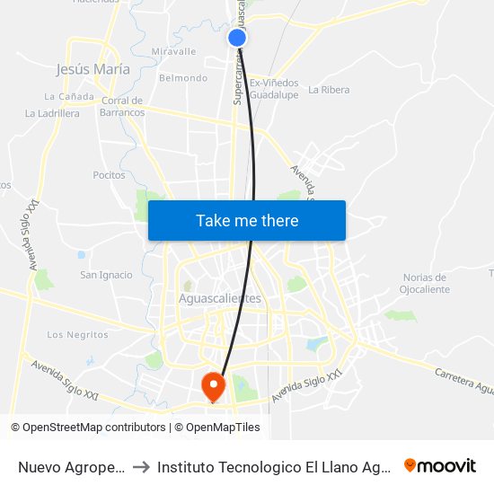 Nuevo Agropecuario to Instituto Tecnologico El Llano Aguascalientes map