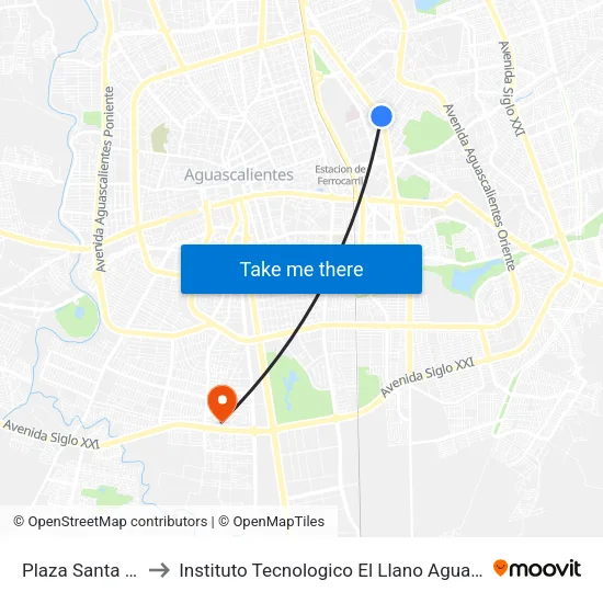 Plaza Santa Anita to Instituto Tecnologico El Llano Aguascalientes map