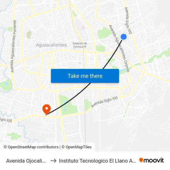 Avenida Ojocaliente, 247 to Instituto Tecnologico El Llano Aguascalientes map