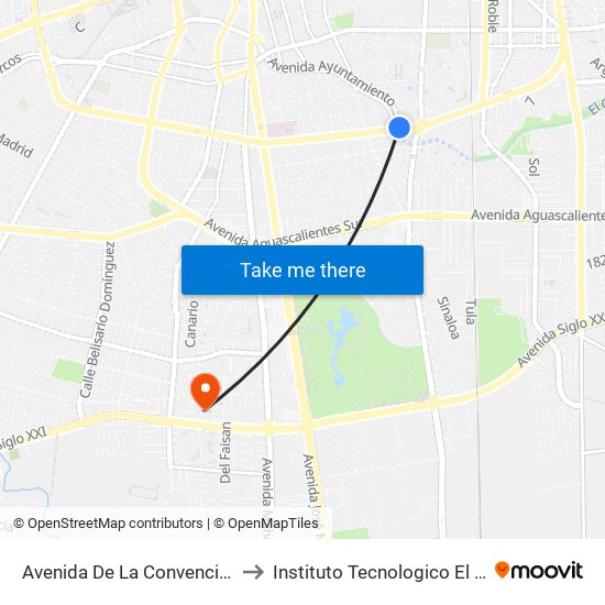 Avenida De La Convención De 1914 Sur, 1402 to Instituto Tecnologico El Llano Aguascalientes map