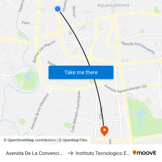 Avenida De La Convención De 1914 Poniente, 622 to Instituto Tecnologico El Llano Aguascalientes map