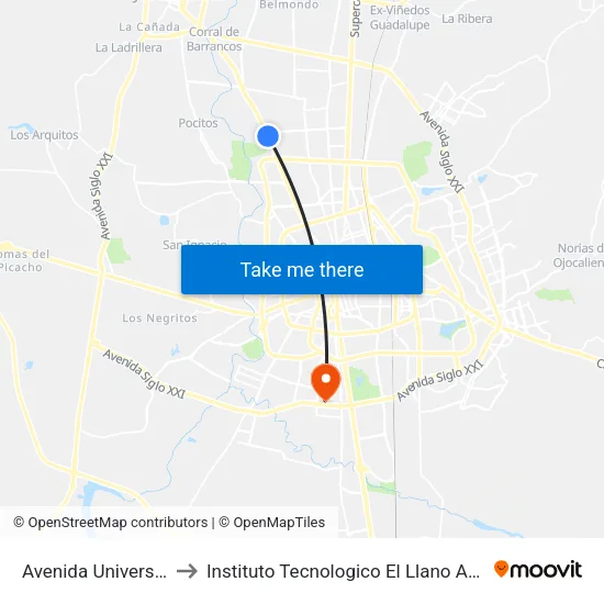 Avenida Universidad, Lb to Instituto Tecnologico El Llano Aguascalientes map