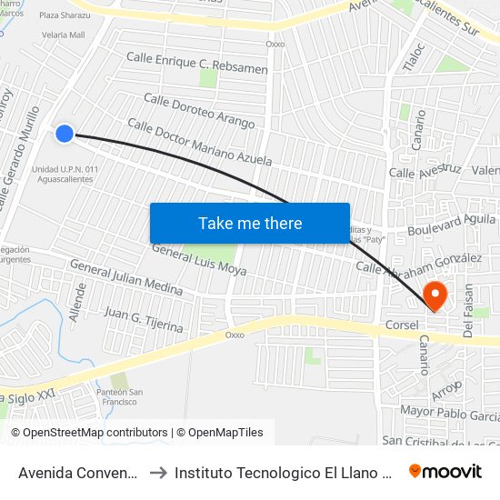 Avenida Convencion, 102 to Instituto Tecnologico El Llano Aguascalientes map