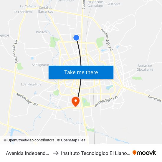 Avenida Independencia, 1861 to Instituto Tecnologico El Llano Aguascalientes map