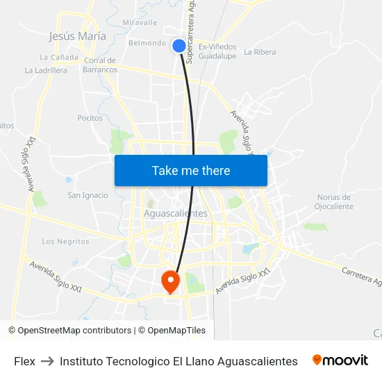 Flex to Instituto Tecnologico El Llano Aguascalientes map