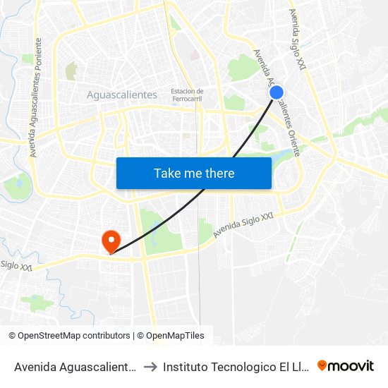 Avenida Aguascalientes Oriente, 2606 to Instituto Tecnologico El Llano Aguascalientes map