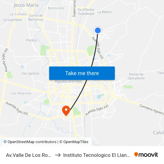 Av.Valle De Los Romeros, 1510 to Instituto Tecnologico El Llano Aguascalientes map