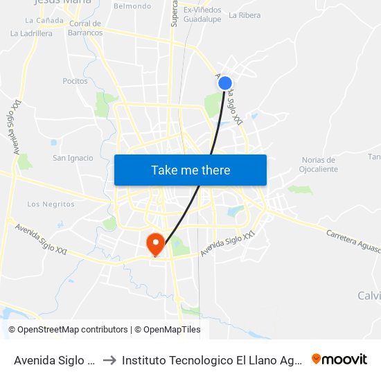 Avenida Siglo Xxi, 16 to Instituto Tecnologico El Llano Aguascalientes map