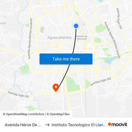 Avenida Héroe De Nacozari, 701 to Instituto Tecnologico El Llano Aguascalientes map