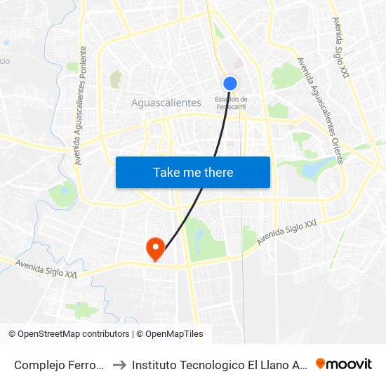 Complejo Ferrocarrilero to Instituto Tecnologico El Llano Aguascalientes map