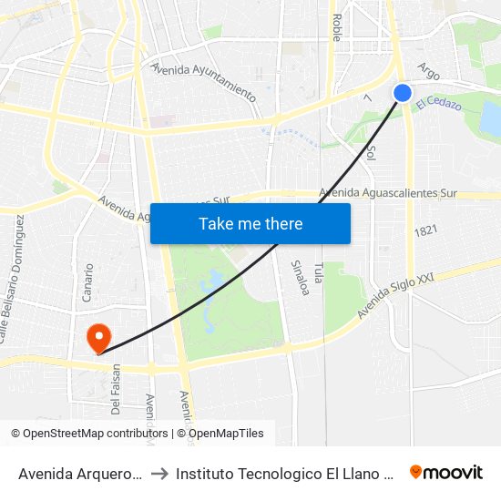 Avenida Arqueros, Sn(Lb) to Instituto Tecnologico El Llano Aguascalientes map