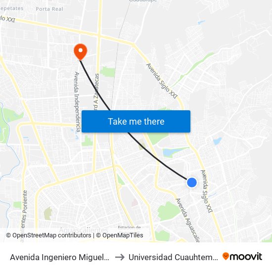 Avenida Ingeniero Miguel Angel Barberena Vega, 1110 to Universidad Cuauhtemoc Plantel Aguascalientes map