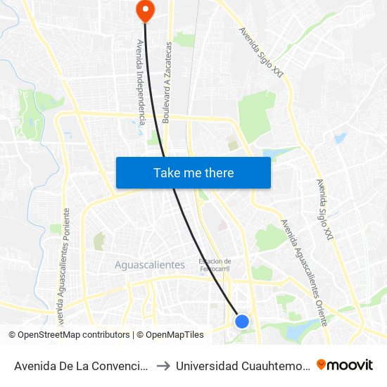 Avenida De La Convención De 1914 Oriente, 1101 to Universidad Cuauhtemoc Plantel Aguascalientes map