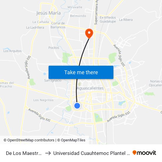 De Los Maestros, 1702 to Universidad Cuauhtemoc Plantel Aguascalientes map
