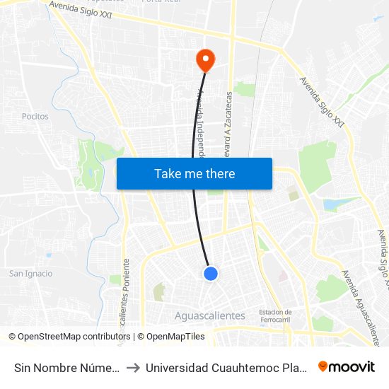 Sin Nombre Número 662, 102a to Universidad Cuauhtemoc Plantel Aguascalientes map