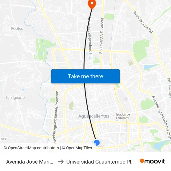 Avenida José Maria Chávez, 1014 to Universidad Cuauhtemoc Plantel Aguascalientes map