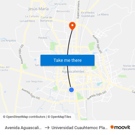 Avenida Aguascalientes Sur, 304 to Universidad Cuauhtemoc Plantel Aguascalientes map