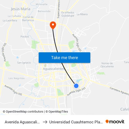 Avenida Aguascalientes Sur, 806 to Universidad Cuauhtemoc Plantel Aguascalientes map