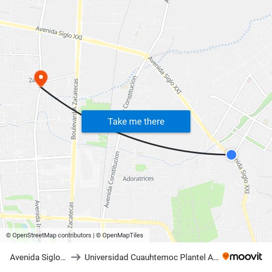 Avenida Siglo Xxi, 16 to Universidad Cuauhtemoc Plantel Aguascalientes map