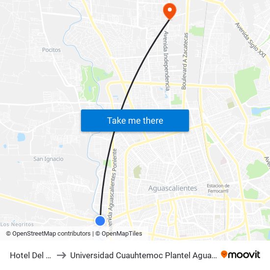 Hotel Del Alba to Universidad Cuauhtemoc Plantel Aguascalientes map