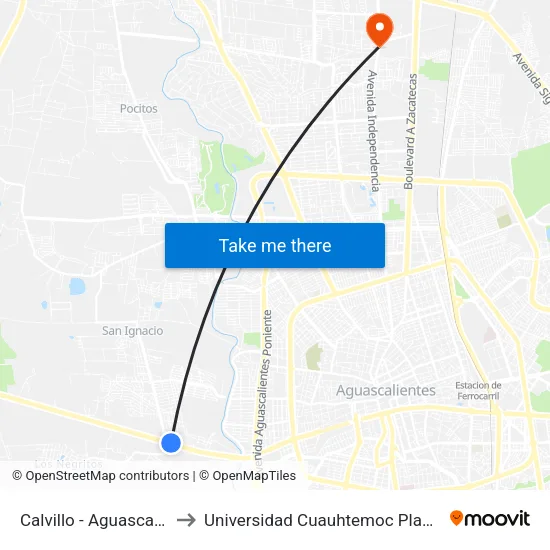 Calvillo - Aguascalientes, 112a to Universidad Cuauhtemoc Plantel Aguascalientes map
