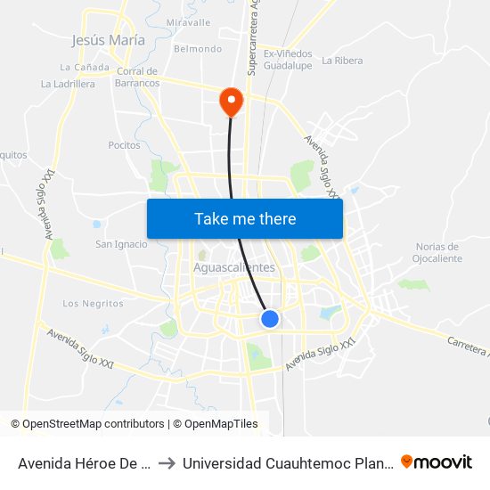 Avenida Héroe De Nacozari, Lb to Universidad Cuauhtemoc Plantel Aguascalientes map