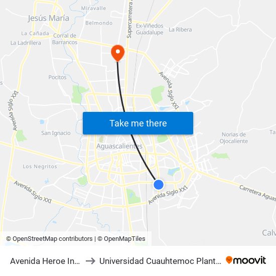 Avenida Heroe Inmortal, 258 to Universidad Cuauhtemoc Plantel Aguascalientes map