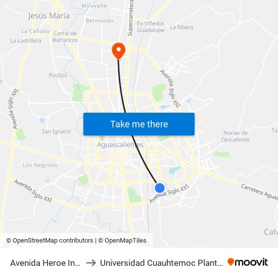 Avenida Heroe Inmortal, 403 to Universidad Cuauhtemoc Plantel Aguascalientes map