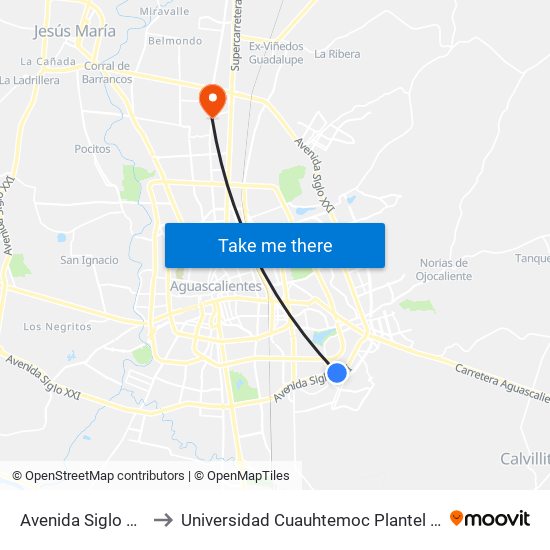 Avenida Siglo Xxi, 1015 to Universidad Cuauhtemoc Plantel Aguascalientes map