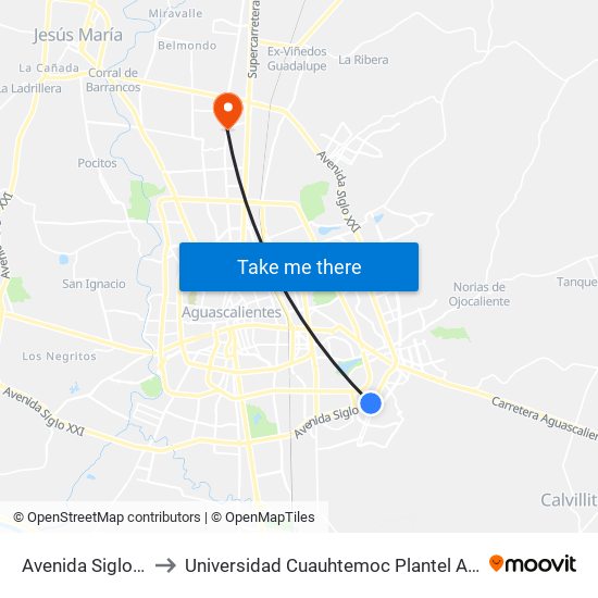 Avenida Siglo Xxi, Lb to Universidad Cuauhtemoc Plantel Aguascalientes map