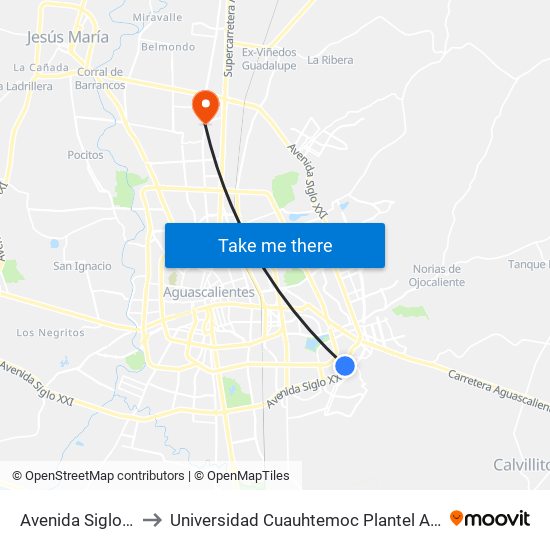 Avenida Siglo Xxi, Lb to Universidad Cuauhtemoc Plantel Aguascalientes map
