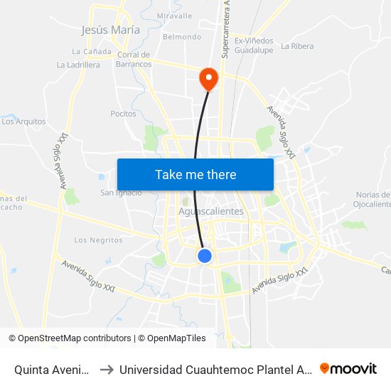 Quinta Avenida, 813 to Universidad Cuauhtemoc Plantel Aguascalientes map
