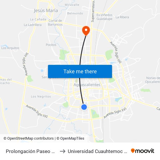 Prolongación Paseo De La Asunción, 305 to Universidad Cuauhtemoc Plantel Aguascalientes map